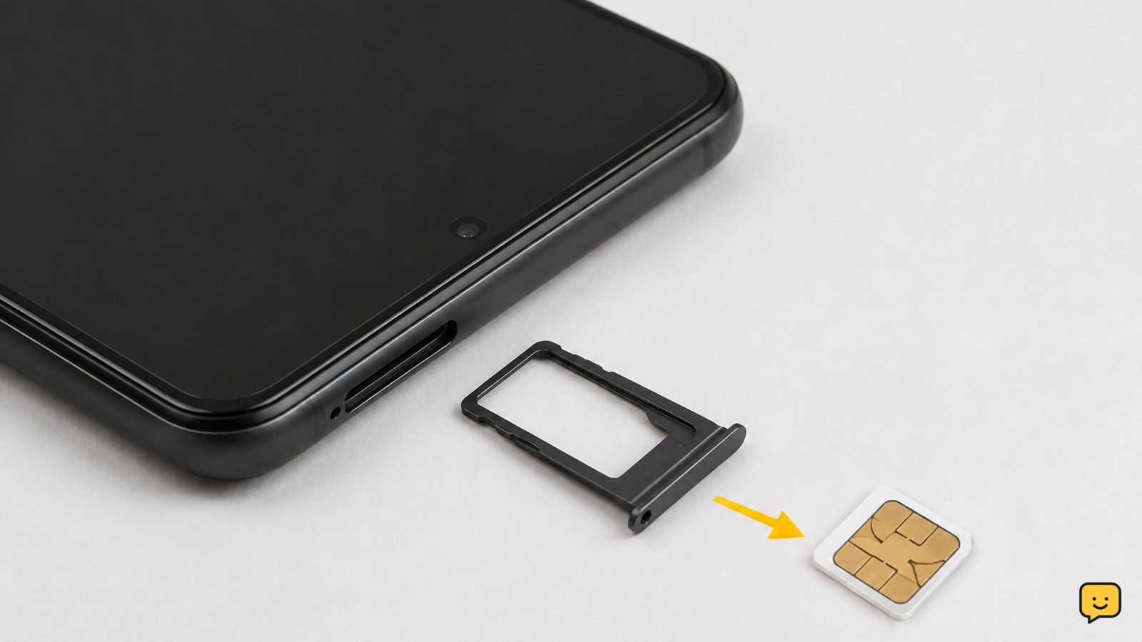 Android phone powered off beside a SIM tray and correctly oriented SIM card