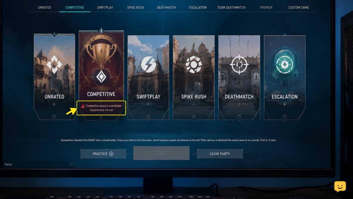 Valorant Play screen showing Competitive selected with a queue unavailable notice