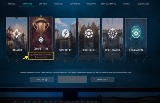 Valorant Play screen showing Competitive selected with a queue unavailable notice