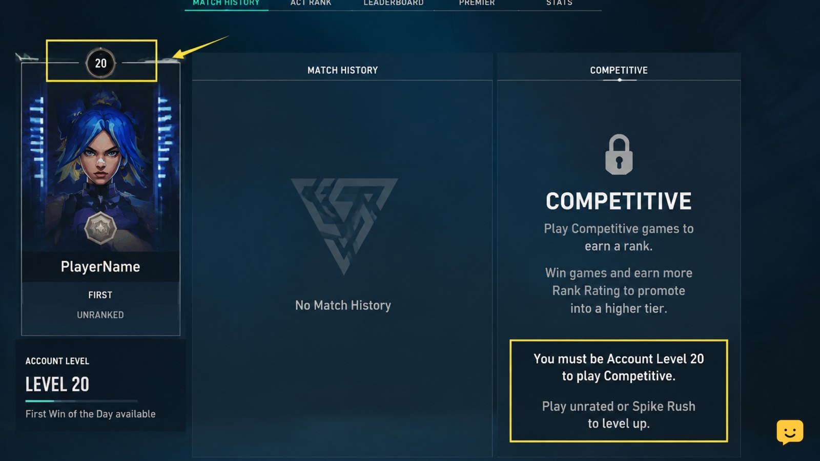 Valorant profile and Competitive access screen showing Account Level 20 eligibility