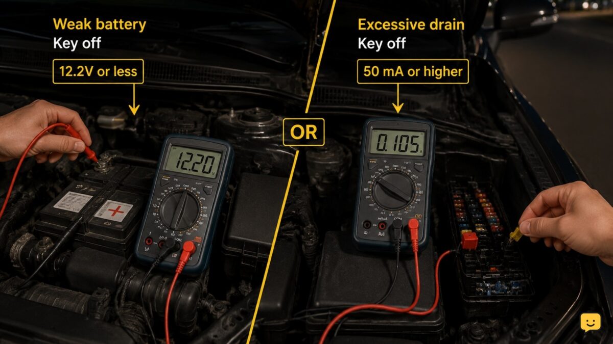Parked car with a battery symbol and diagnostic multimeter indicating an overnight drain