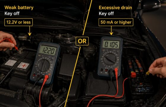 Parked car with a battery symbol and diagnostic multimeter indicating an overnight drain