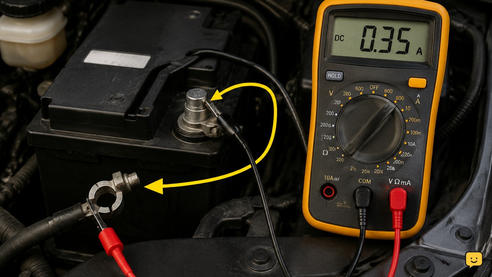 Digital multimeter connected in series between a car battery negative post and the disconnected negative cable