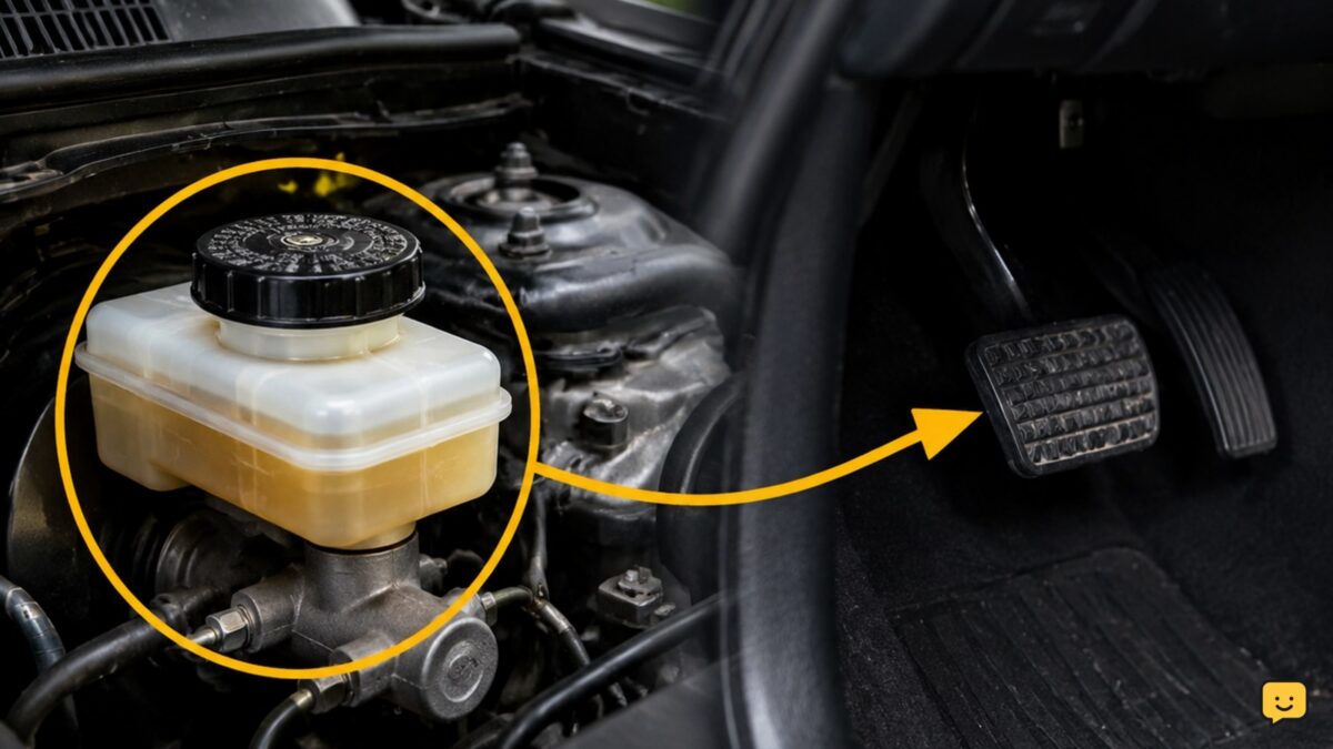 Brake-fluid reservoir and brake pedal in a parked car during a safety inspection