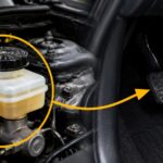 Brake-fluid reservoir and brake pedal in a parked car during a safety inspection