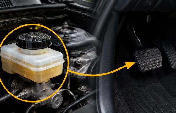 Brake-fluid reservoir and brake pedal in a parked car during a safety inspection