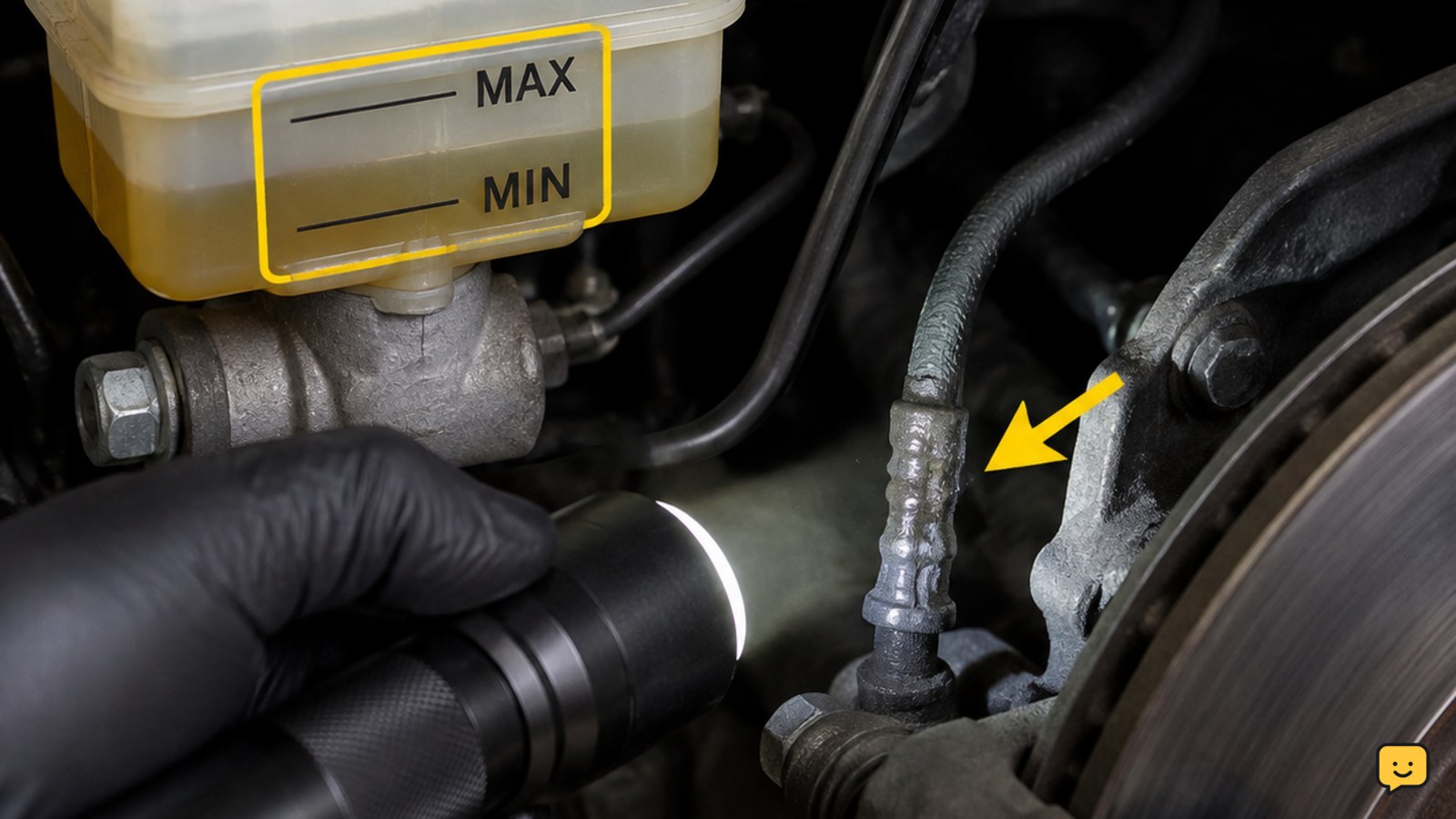 Brake-fluid reservoir between the MIN and MAX marks with a flashlight checking a brake hose