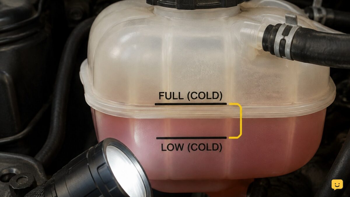 Cold car coolant reservoir showing the level between the low and full markings