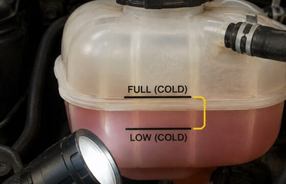 Cold car coolant reservoir showing the level between the low and full markings