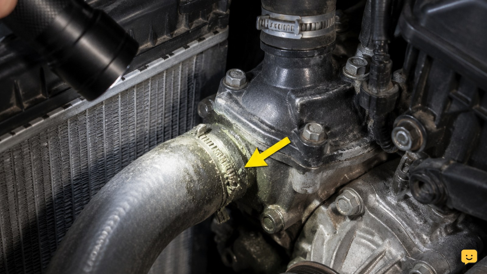Flashlight revealing dried coolant residue around a hose connection and thermostat housing