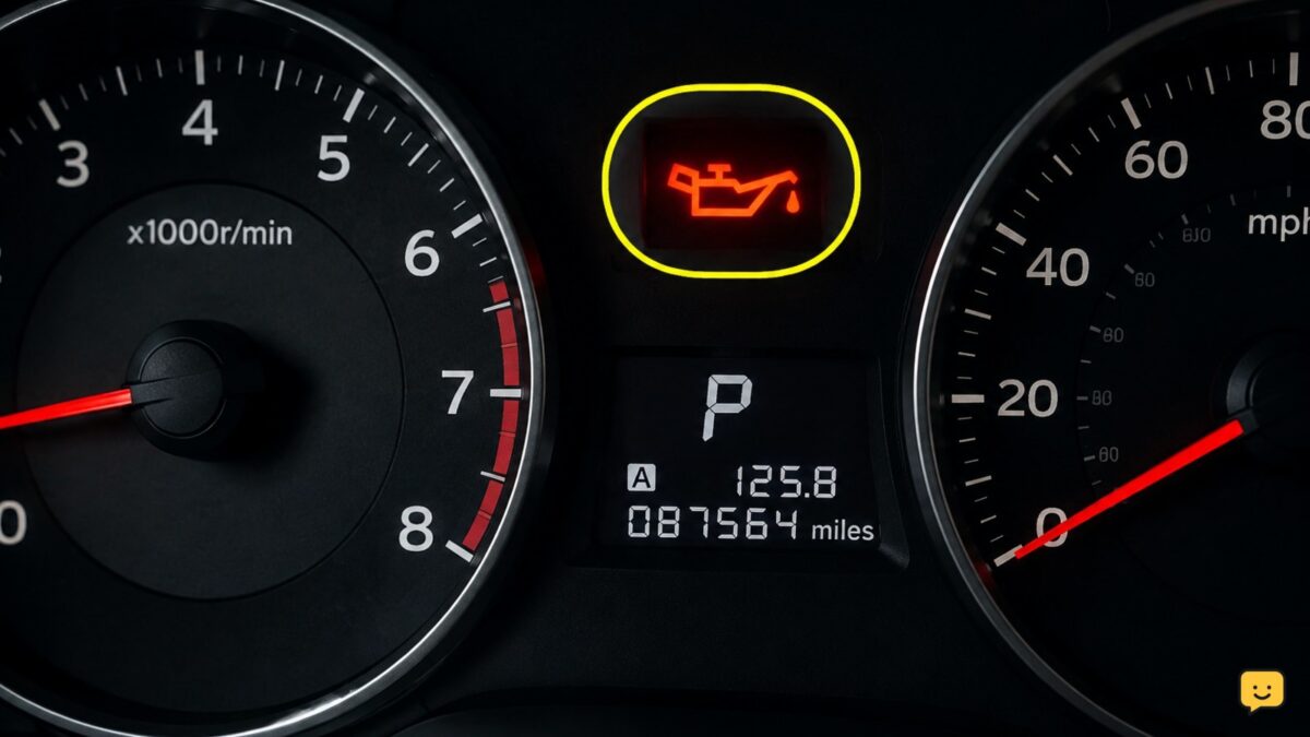 Red oil pressure warning light illuminated on a car dashboard at idle