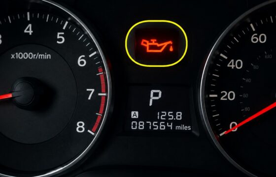 Red oil pressure warning light illuminated on a car dashboard at idle