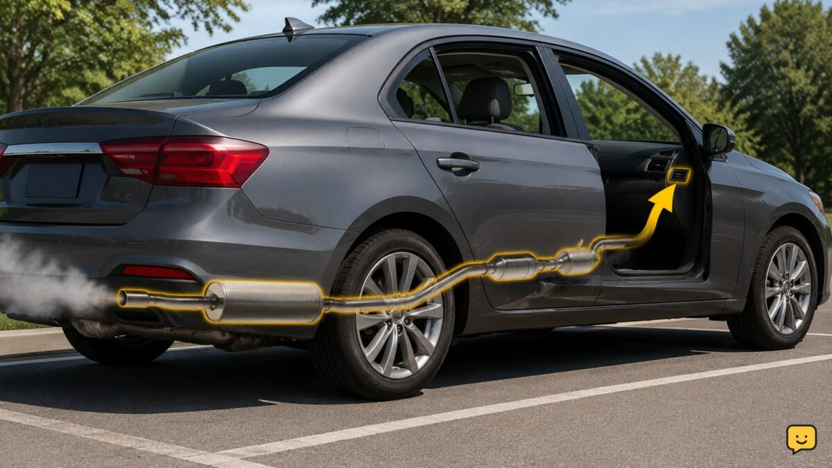 Parked car with windows open after an exhaust smell enters the cabin
