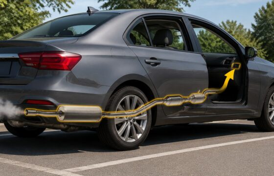 Parked car with windows open after an exhaust smell enters the cabin