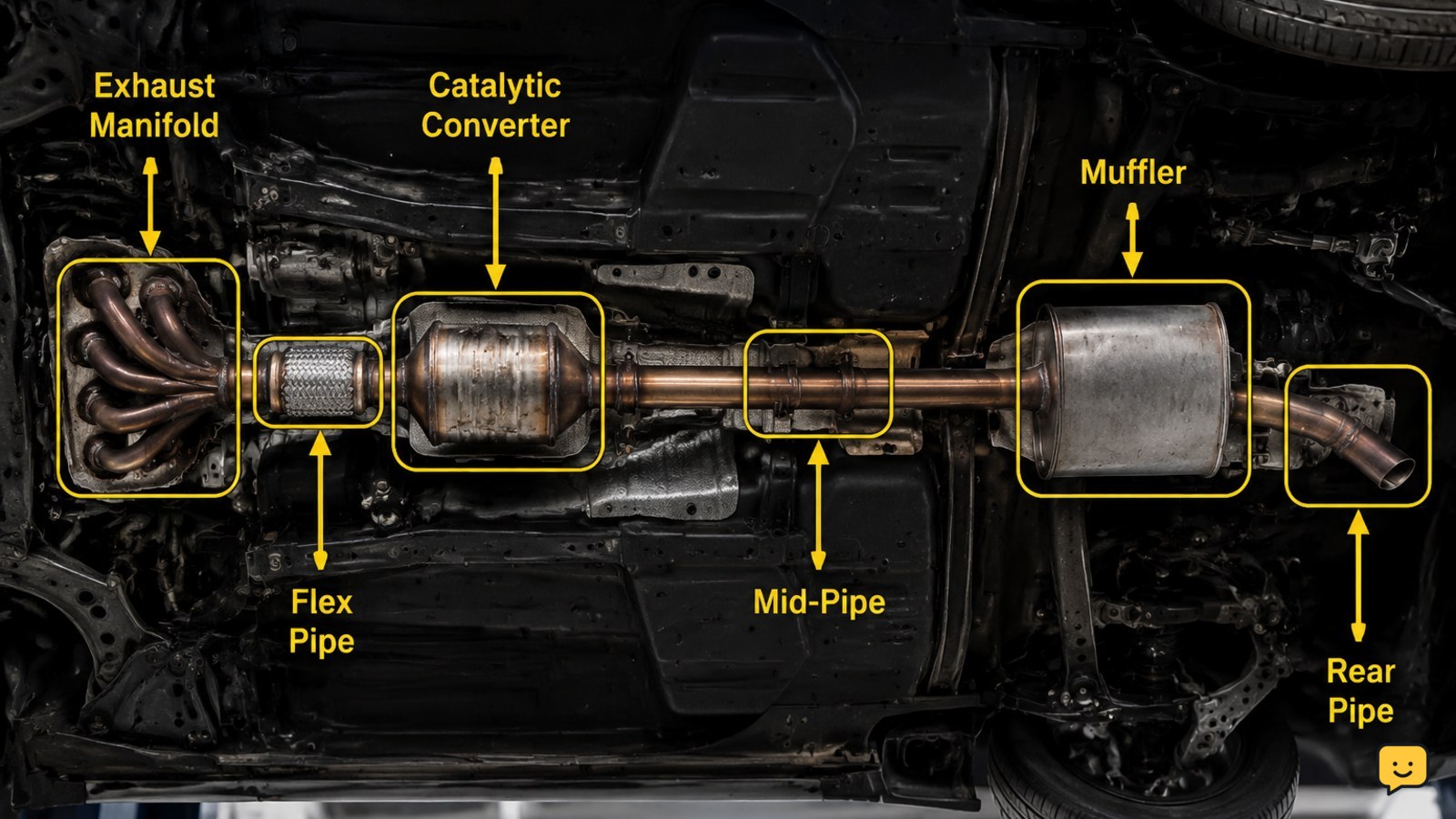 Front-to-rear underbody diagram labeling common exhaust leak locations