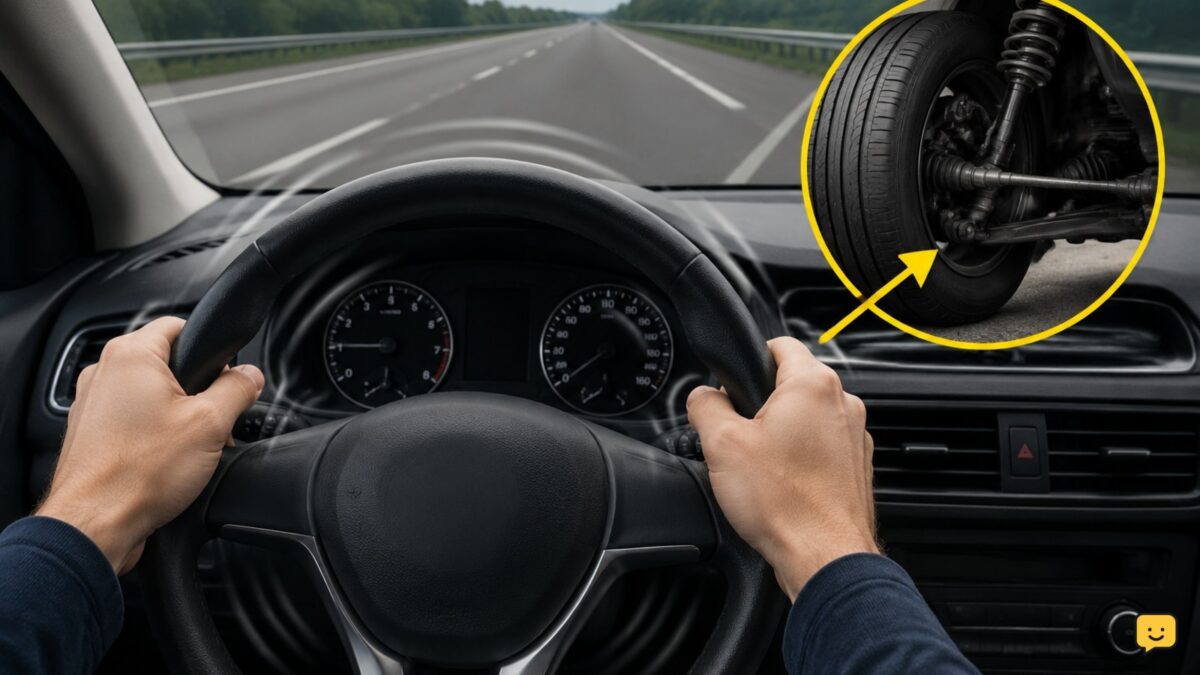 Driver holding a vibrating steering wheel while traveling on a highway