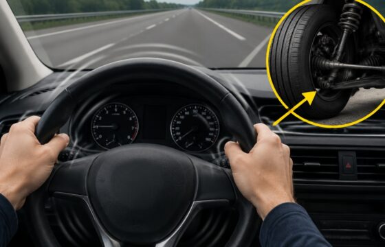 Driver holding a vibrating steering wheel while traveling on a highway