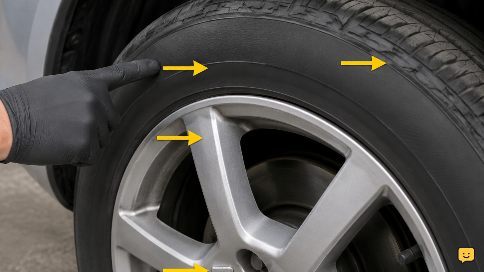Stationary front wheel showing tire sidewall, tread, rim edge, and balance-weight inspection points