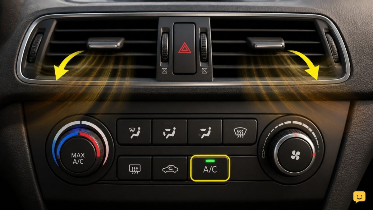Vehicle climate-control panel set to A/C with warm air coming from the dashboard vents