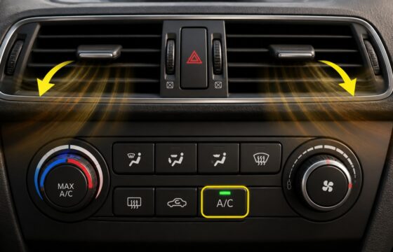 Vehicle climate-control panel set to A/C with warm air coming from the dashboard vents