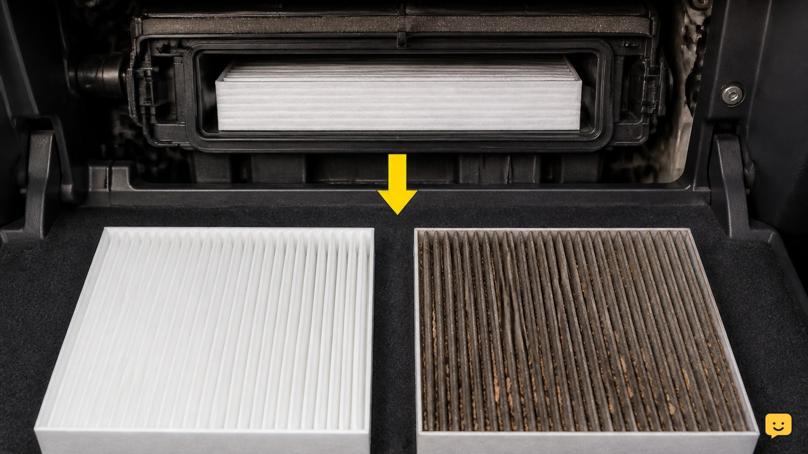 Cabin air filter shown in its vehicle housing with a clean filter beside a visibly clogged filter