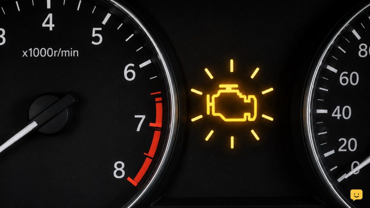 Car dashboard showing a flashing check engine warning light