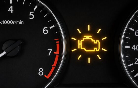 Car dashboard showing a flashing check engine warning light