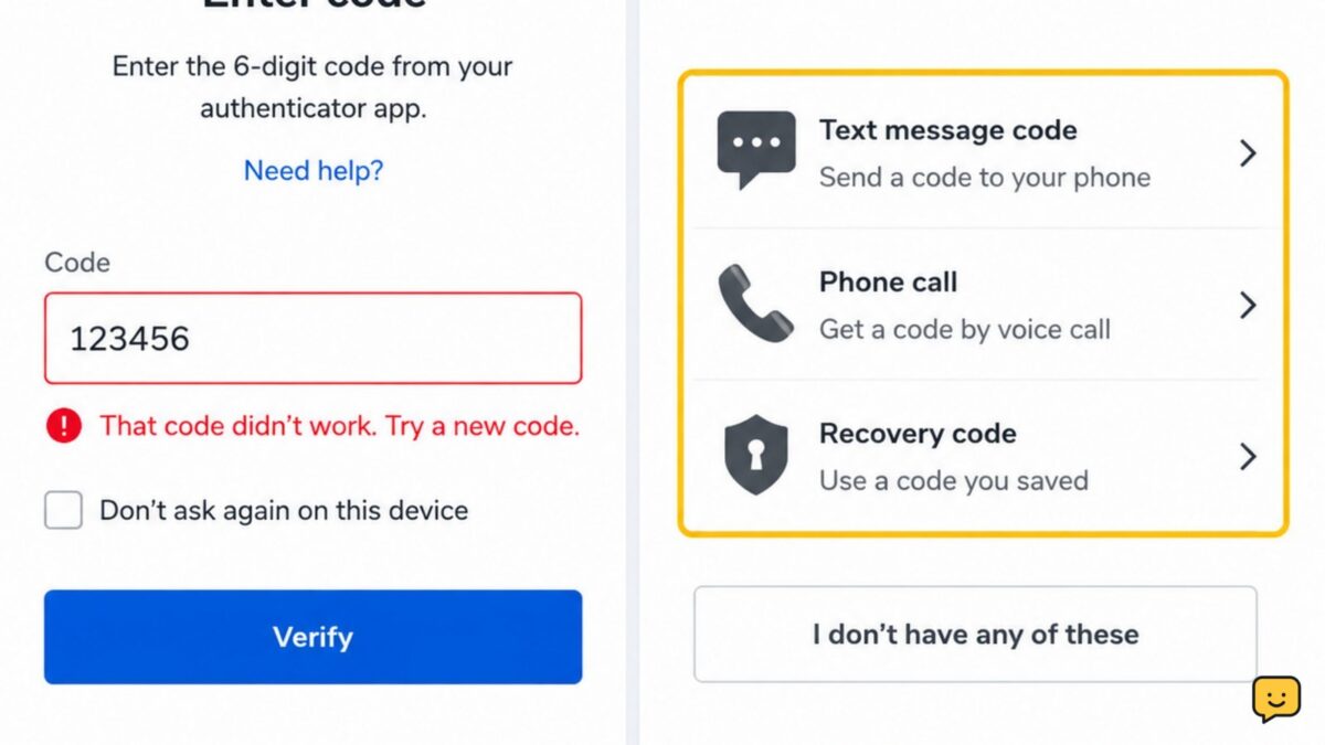 Two-factor authentication sign-in screen showing a rejected code and safe recovery options