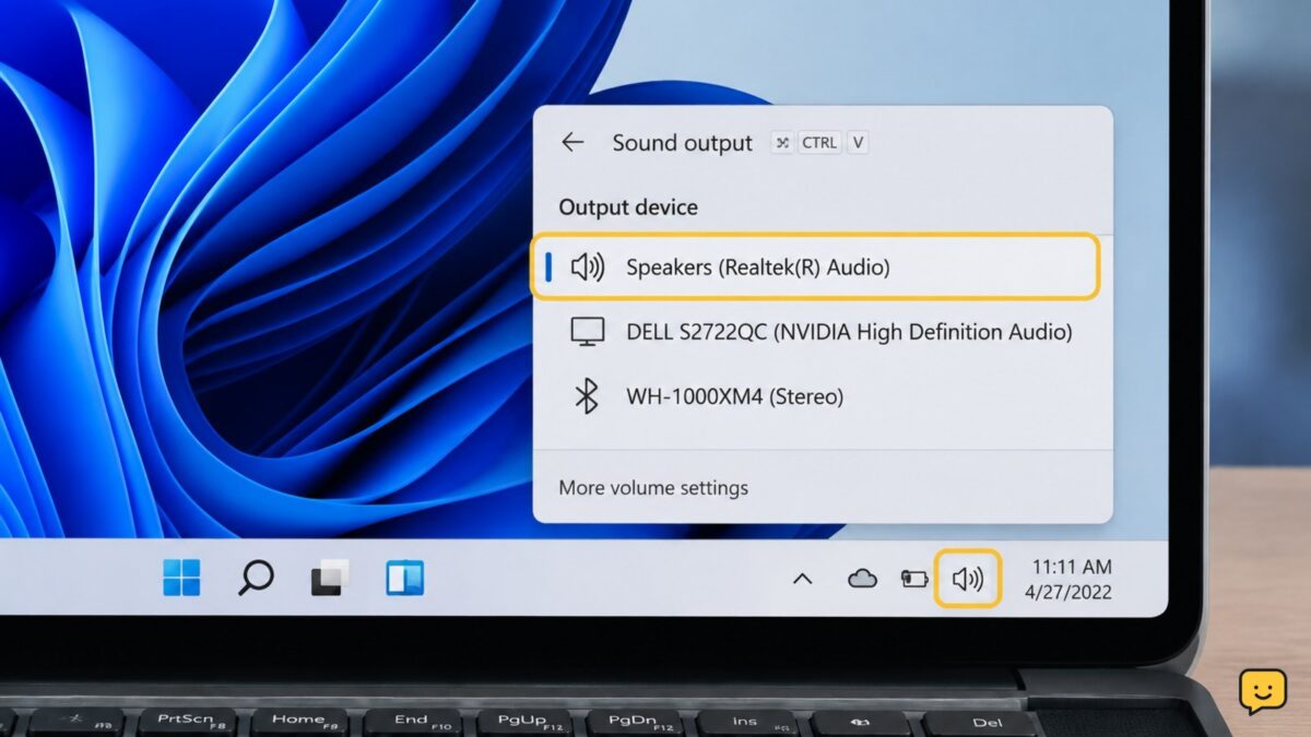 Windows 11 audio output selector showing speakers, HDMI, and Bluetooth choices