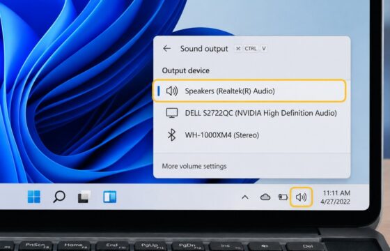 Windows 11 audio output selector showing speakers, HDMI, and Bluetooth choices