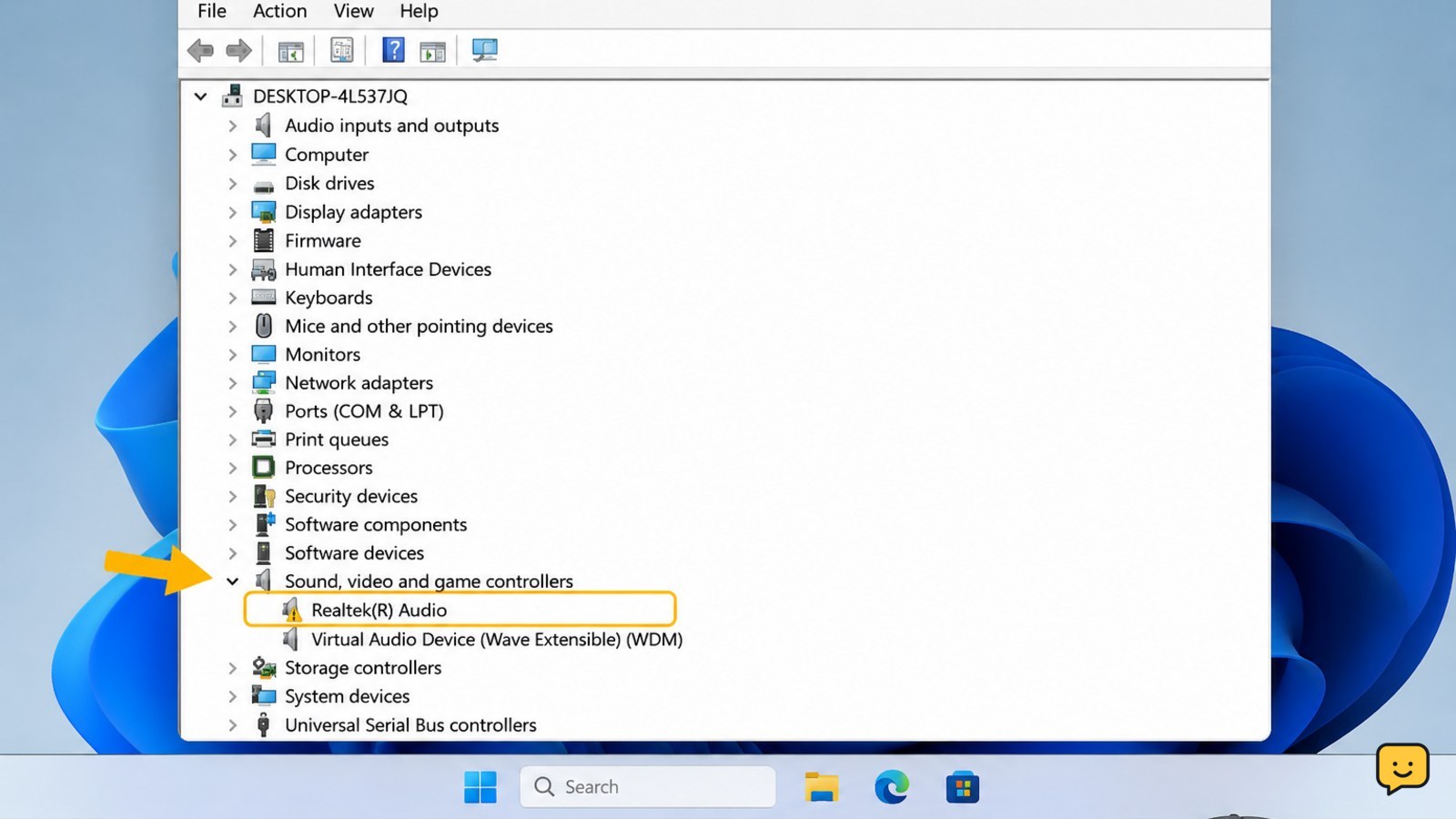 Windows 11 Device Manager with Sound, video and game controllers expanded