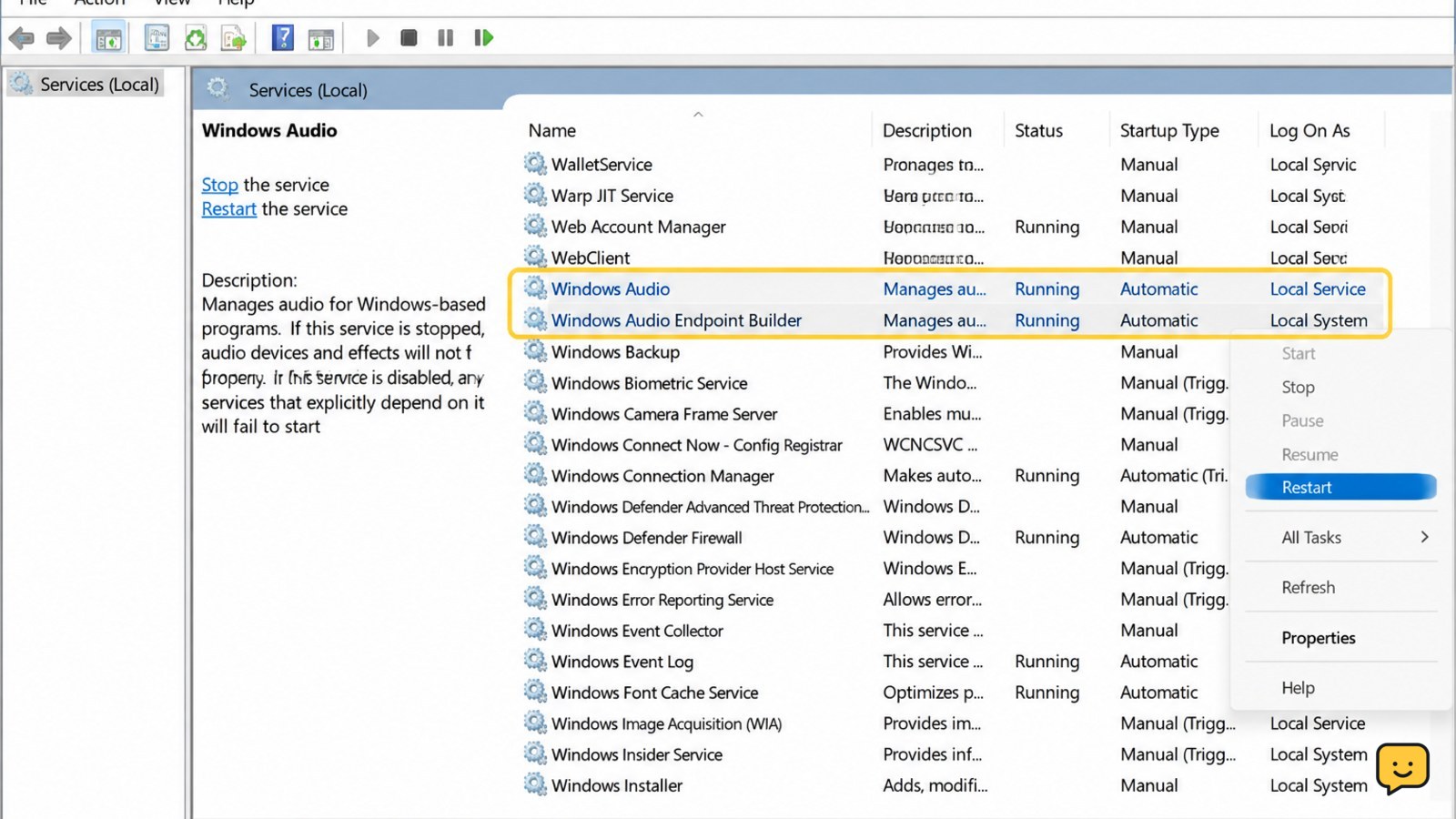 Windows 11 Services window showing Windows Audio and Windows Audio Endpoint Builder