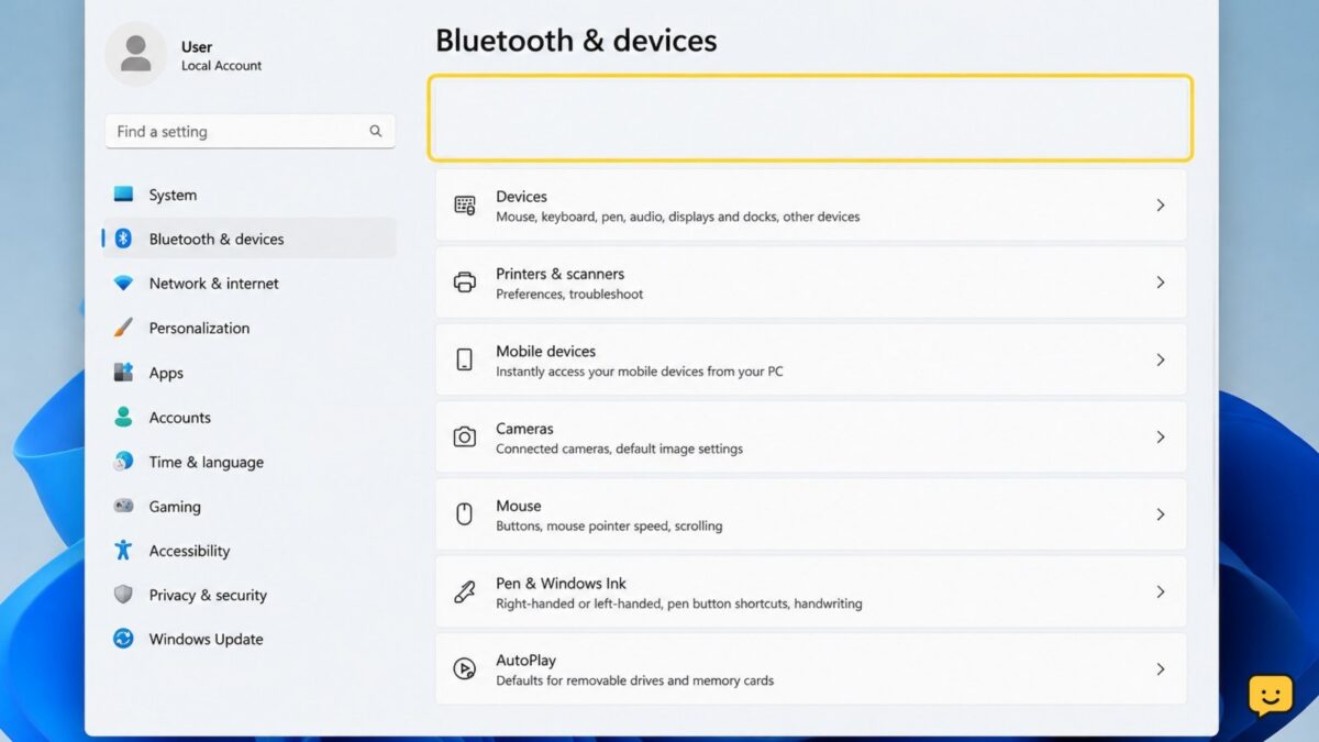 Windows 11 Bluetooth settings page with the Bluetooth toggle missing