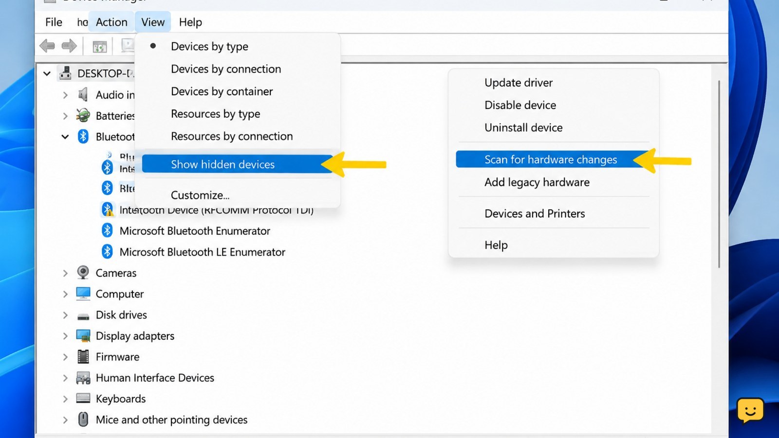 Windows 11 Device Manager showing the Bluetooth category and hardware scan command