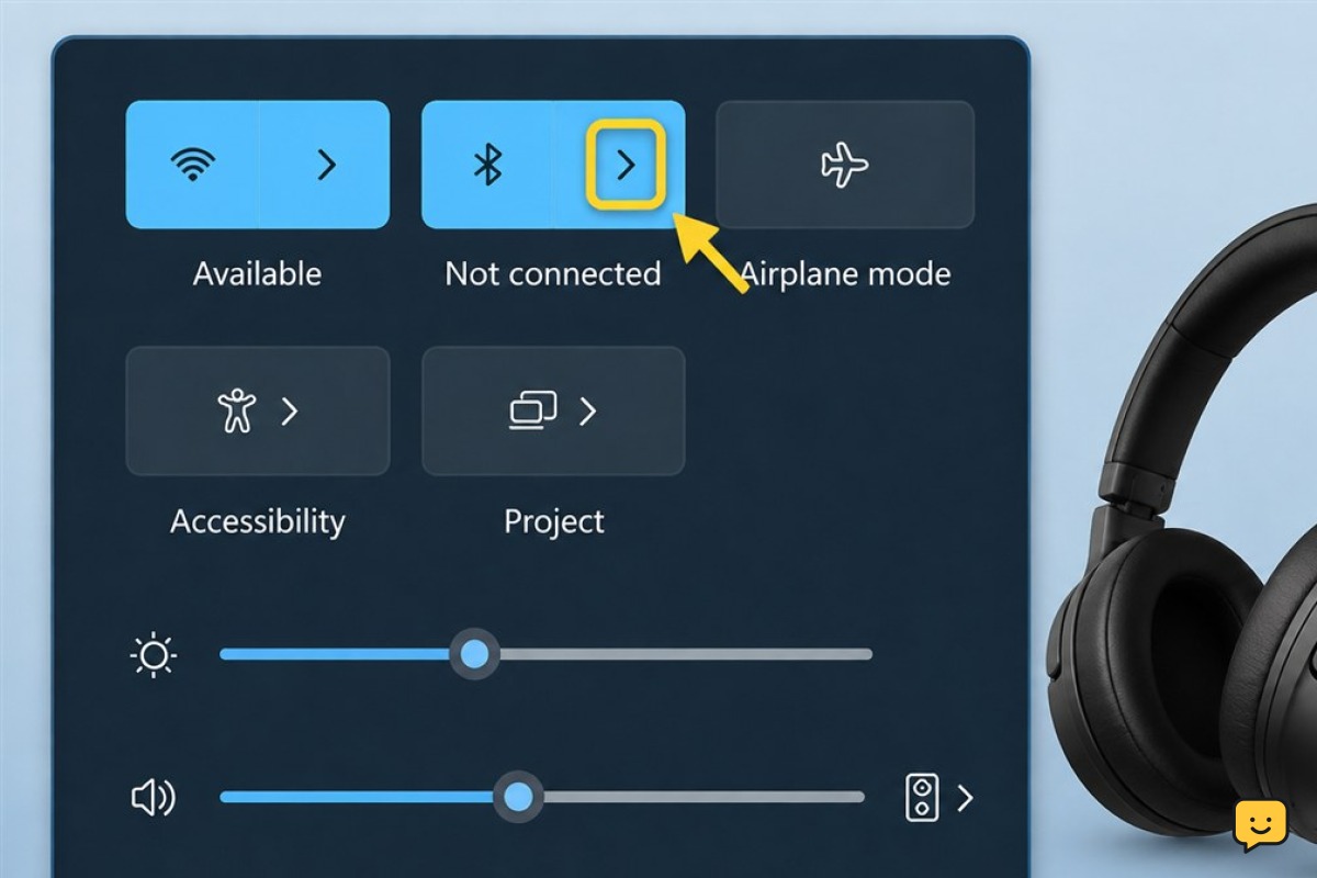 Windows 11 Quick Settings with the Bluetooth device chevron highlighted