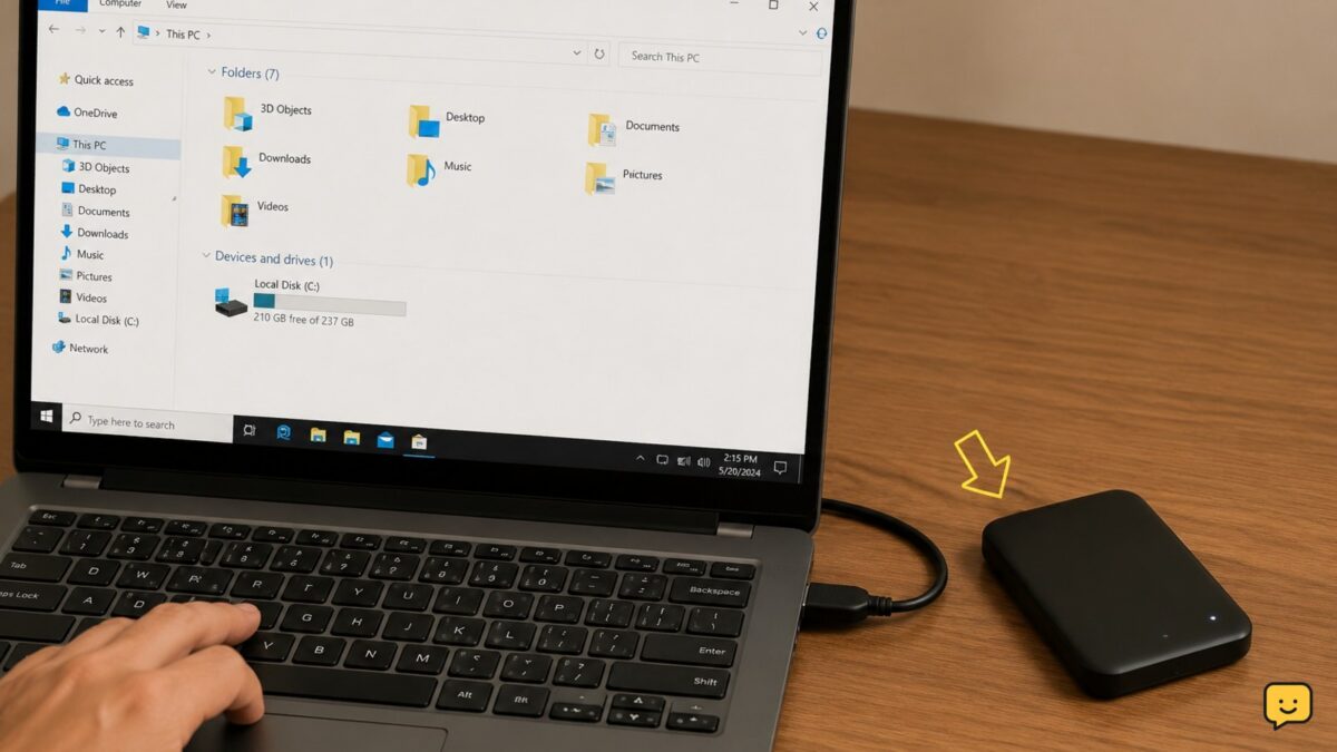 External hard drive connected to a Windows 11 laptop while This PC does not list the drive