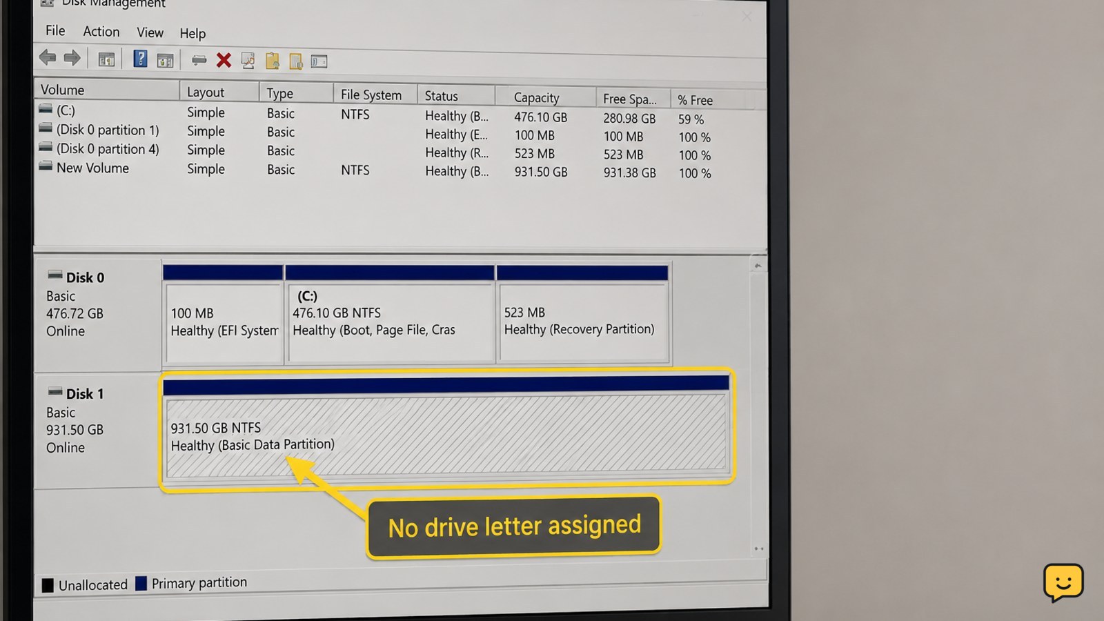 Windows 11 Disk Management showing an external disk with a healthy partition and no drive letter