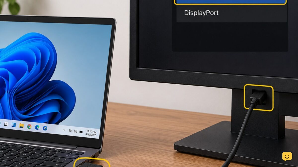 Windows 11 laptop connected to an external monitor with the monitor input selected correctly