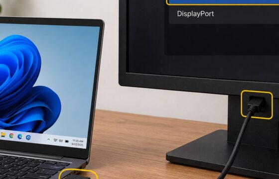 Windows 11 laptop connected to an external monitor with the monitor input selected correctly