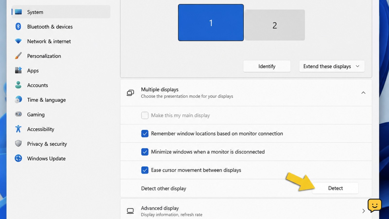 Windows 11 Display Settings showing the Detect button under Multiple displays