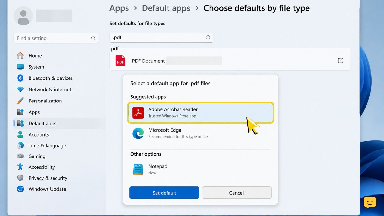 Windows 11 Default apps page showing a file extension assigned to a trusted app