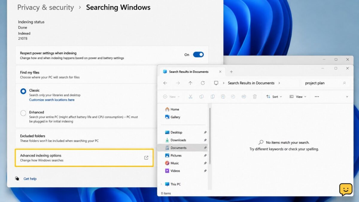 Windows 11 Search settings beside File Explorer showing a file that is present but missing from search results