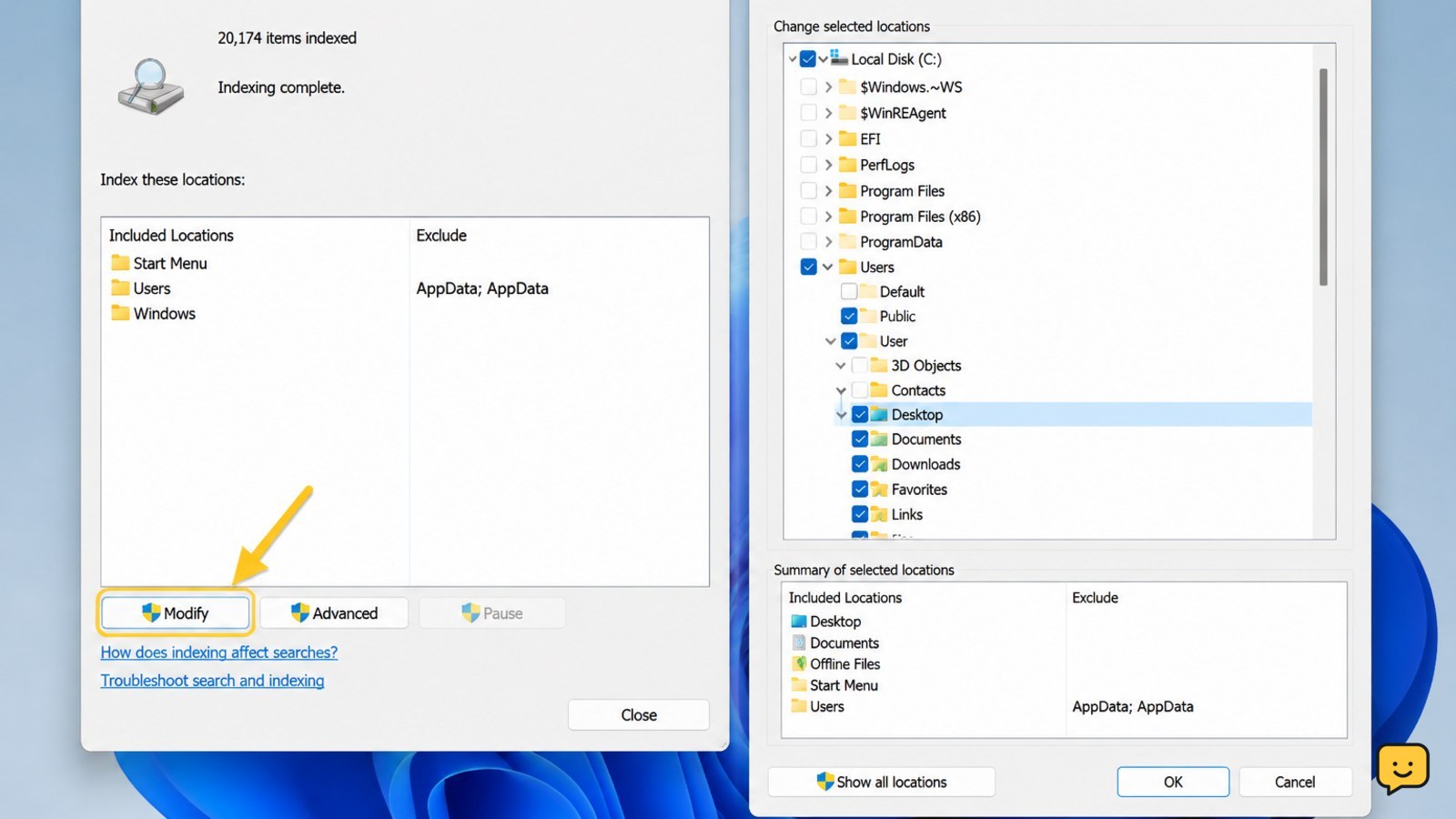 Windows 11 Indexing Options window with the Modify button highlighted and a folder tree expanded