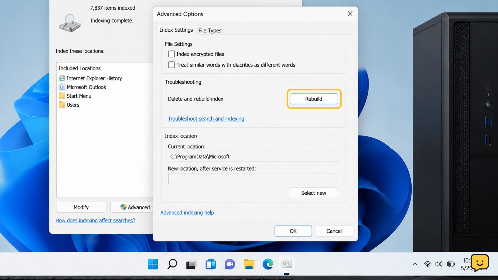 Windows Indexing Options Advanced Options window with the Rebuild button clearly identified